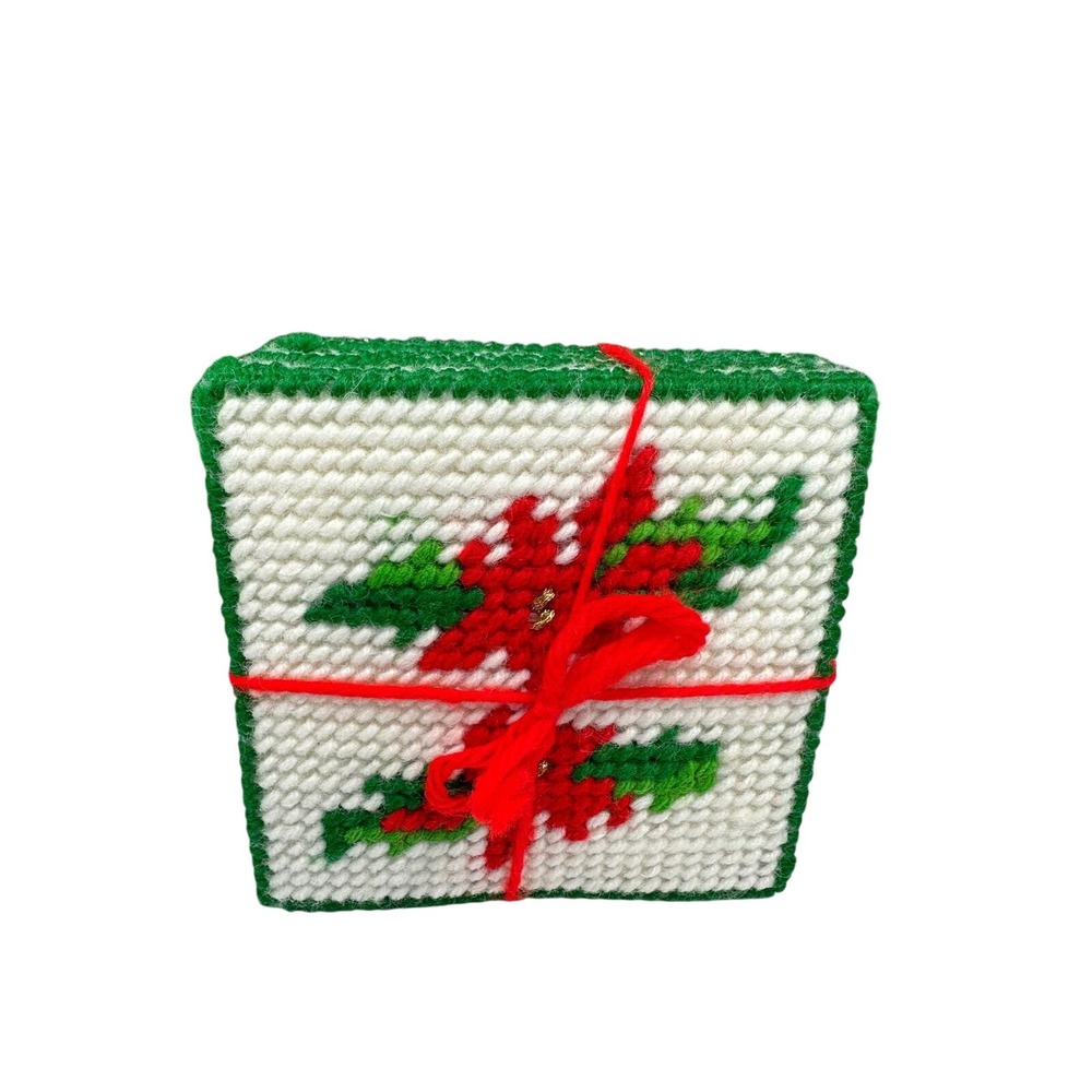 Vintage Needlepoint Christmas Coasters Set of‎ 8 Holly Poinsettia Handmade